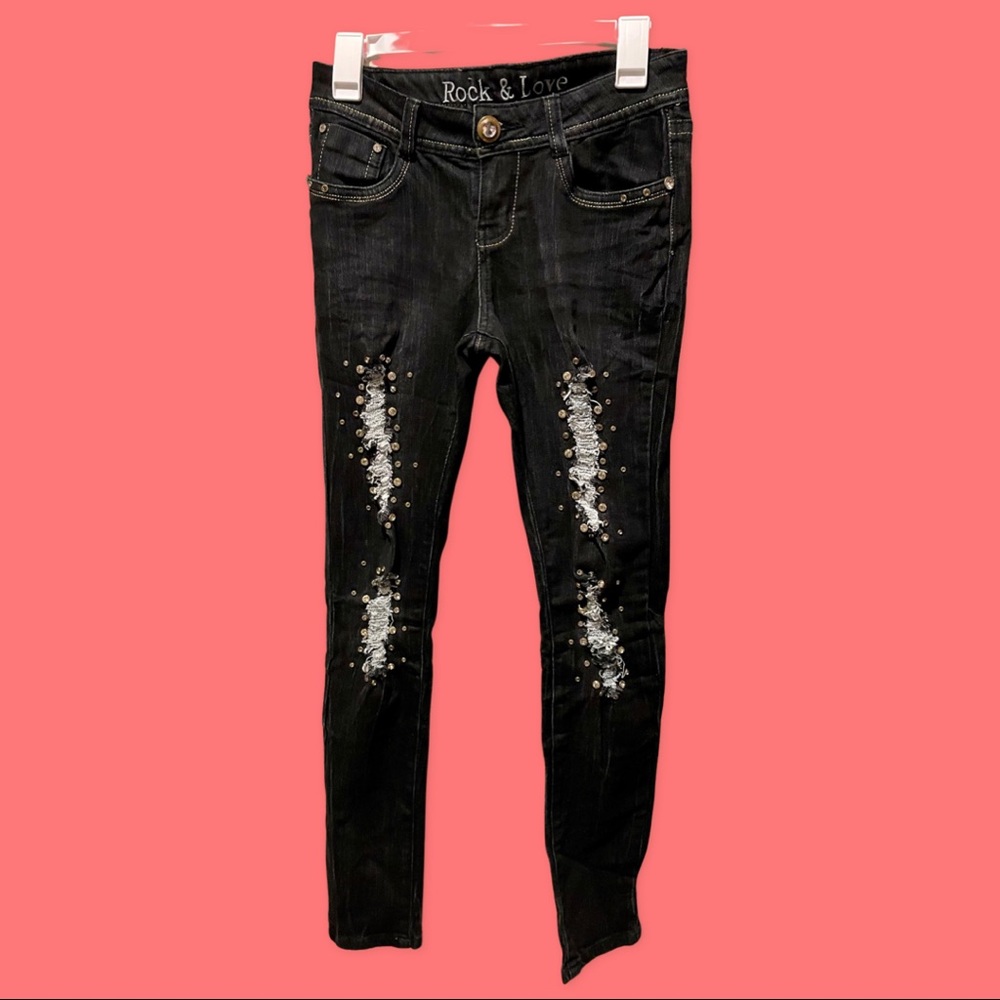 Love&Rock Destroyed Peek-a-boo Bling Skinny Jeans
